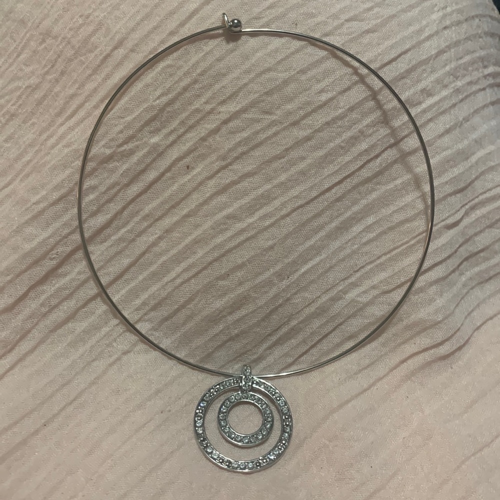 Silver tone circle necklace with rhinestone bling pendant brand new
